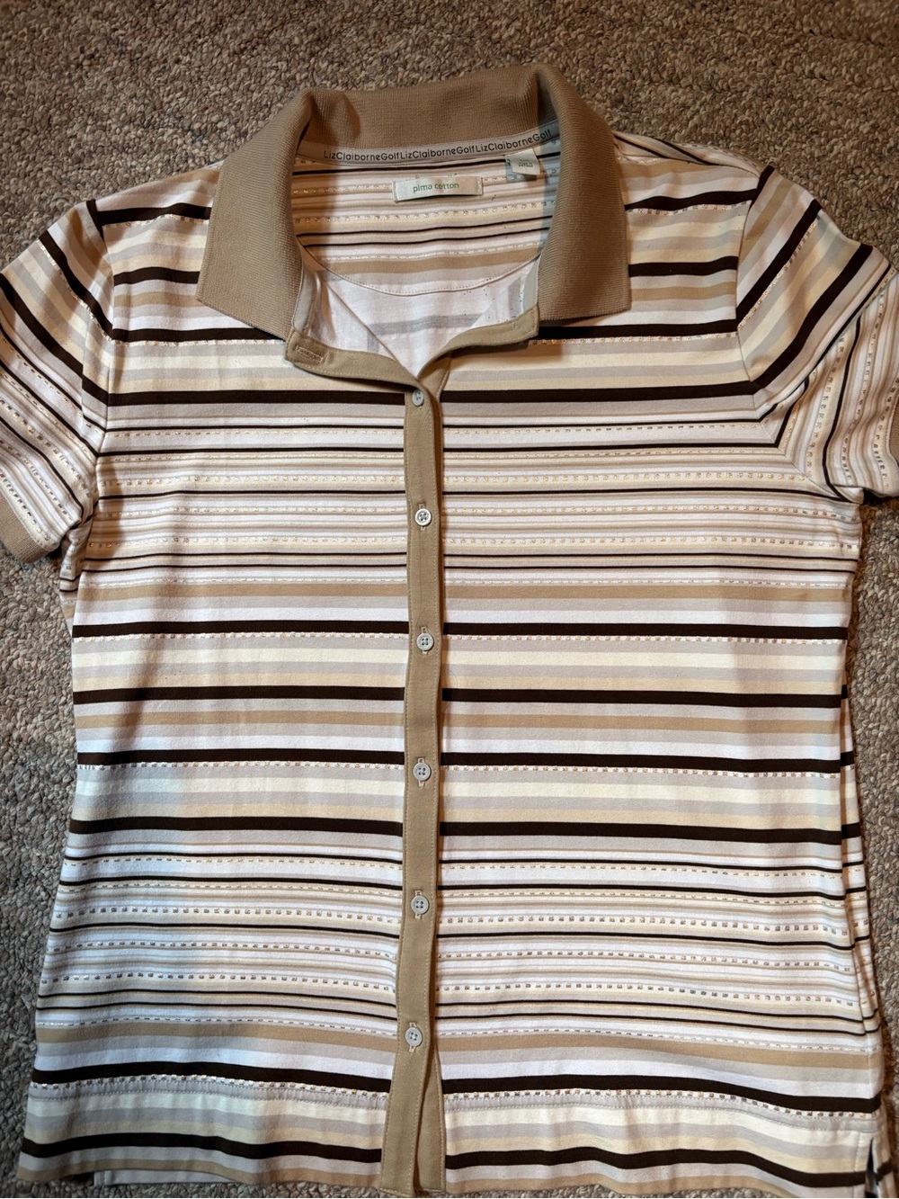 Striped Button-Front polo golf Shirt - Beige/Brown NWOT